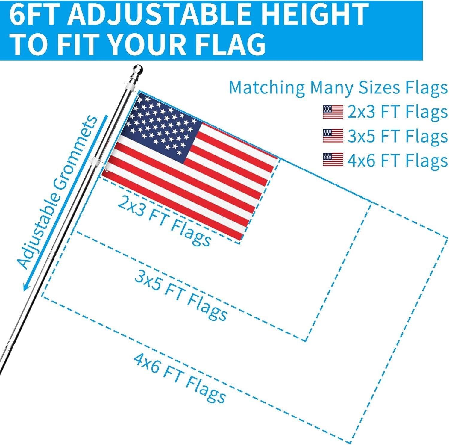 2-Pack Adjustable 6 FT Flag Poles with Rust-Free Bracket for Homes & Businesses