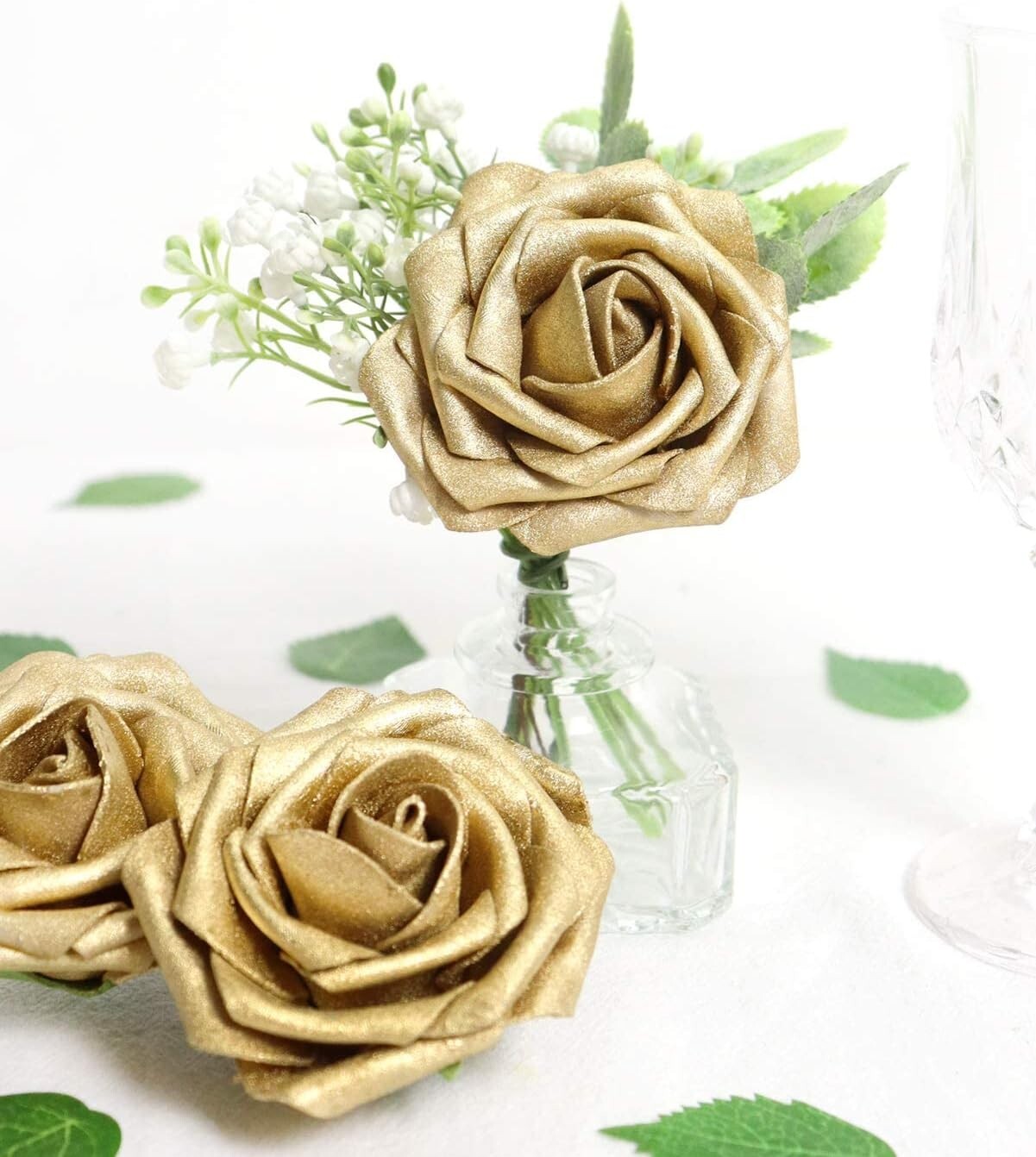 Versatile 50PCS Gold Fake Roses with Silk Leaves for Baby Showers and Home Decor