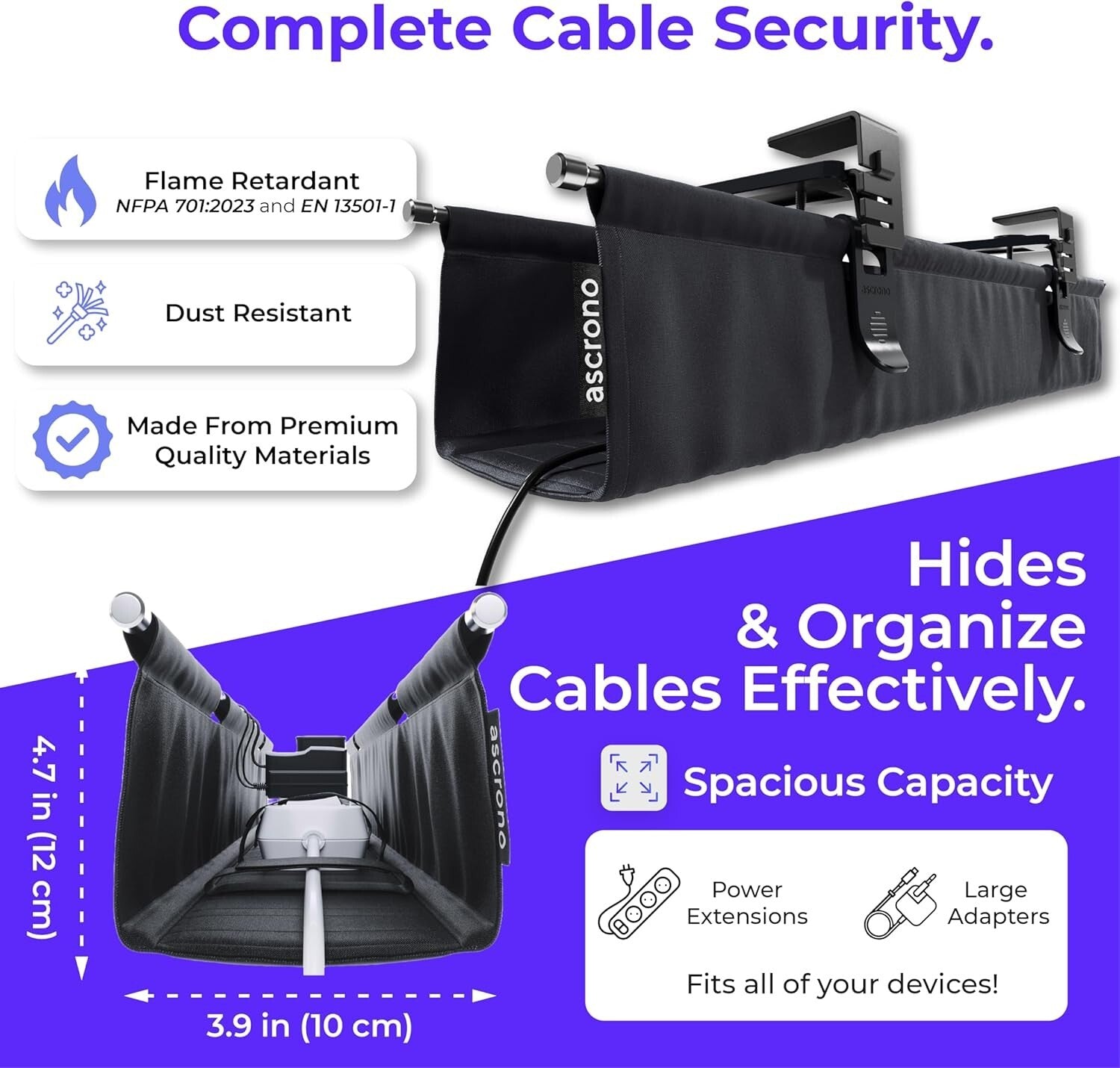 CableCare No-Drill Under Desk Cable Management Tray - Elegant Fabric Solution