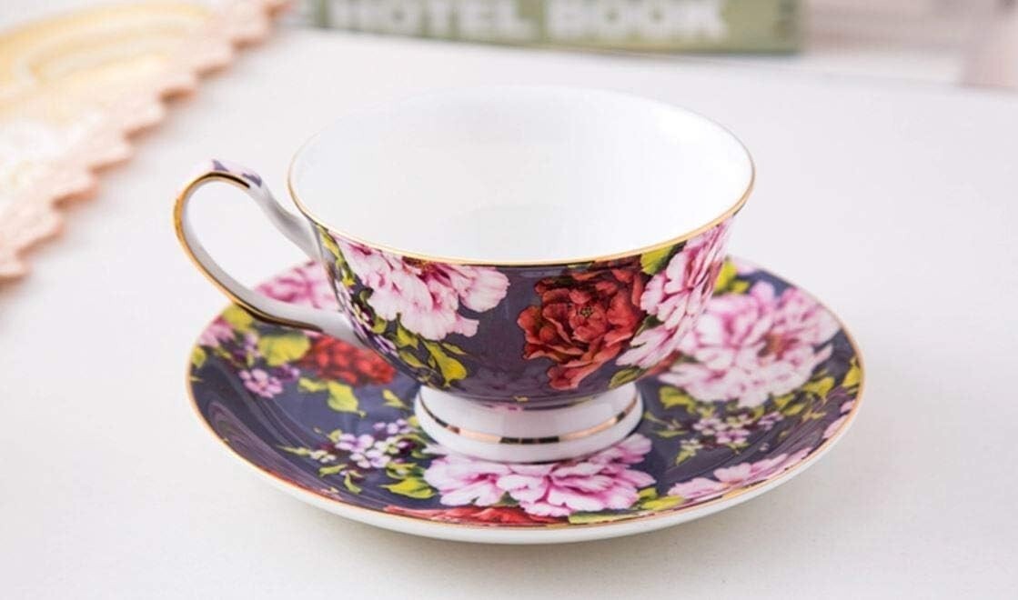 Assorted Floral Tea Cups and Saucers – 6 Piece Set with Elegant Gold Details