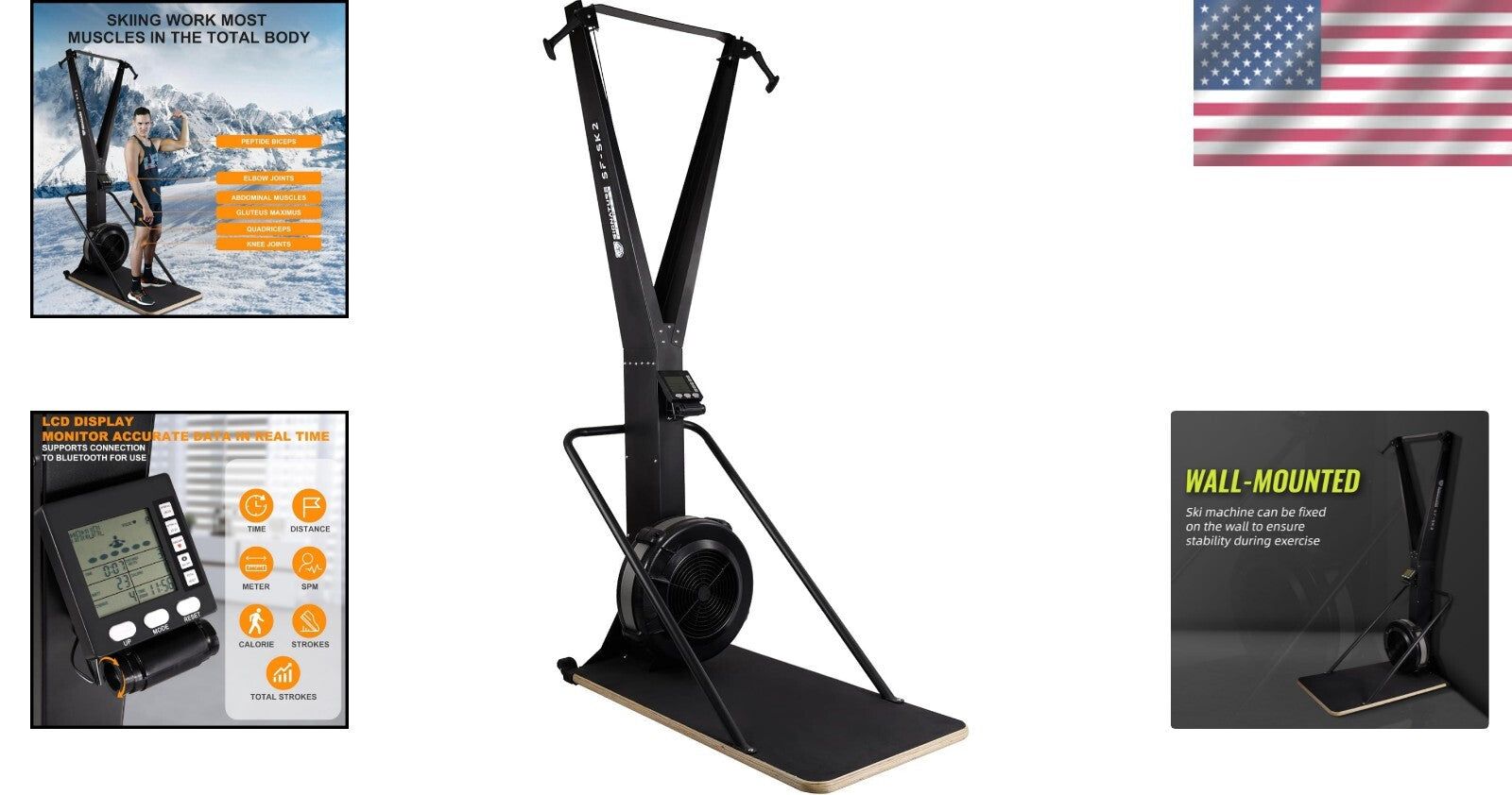 Adjustable 10-Speed Ski Training Machine with Ergonomic Handles and Display