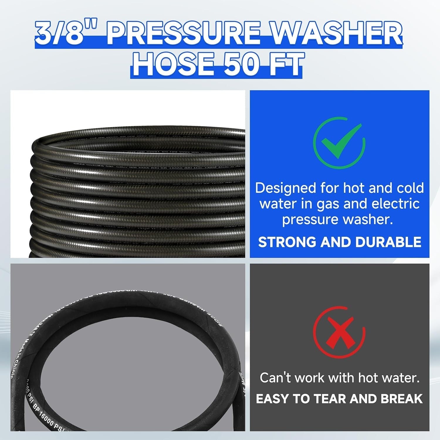 Versatile 50ft Steel Braid Pressure Washer Hose - 6000 PSI, for Gas & Electric