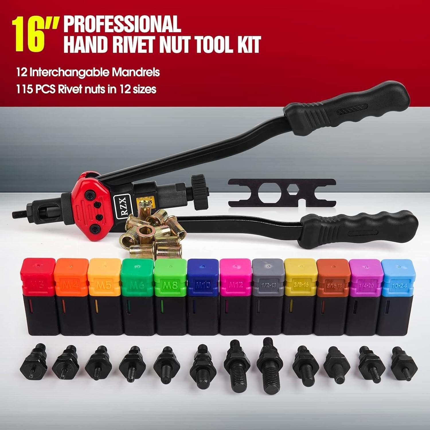16" Rivet Nut Tool & Blind Riveter Kit - 12 Mandrels + 115 Rivets Included
