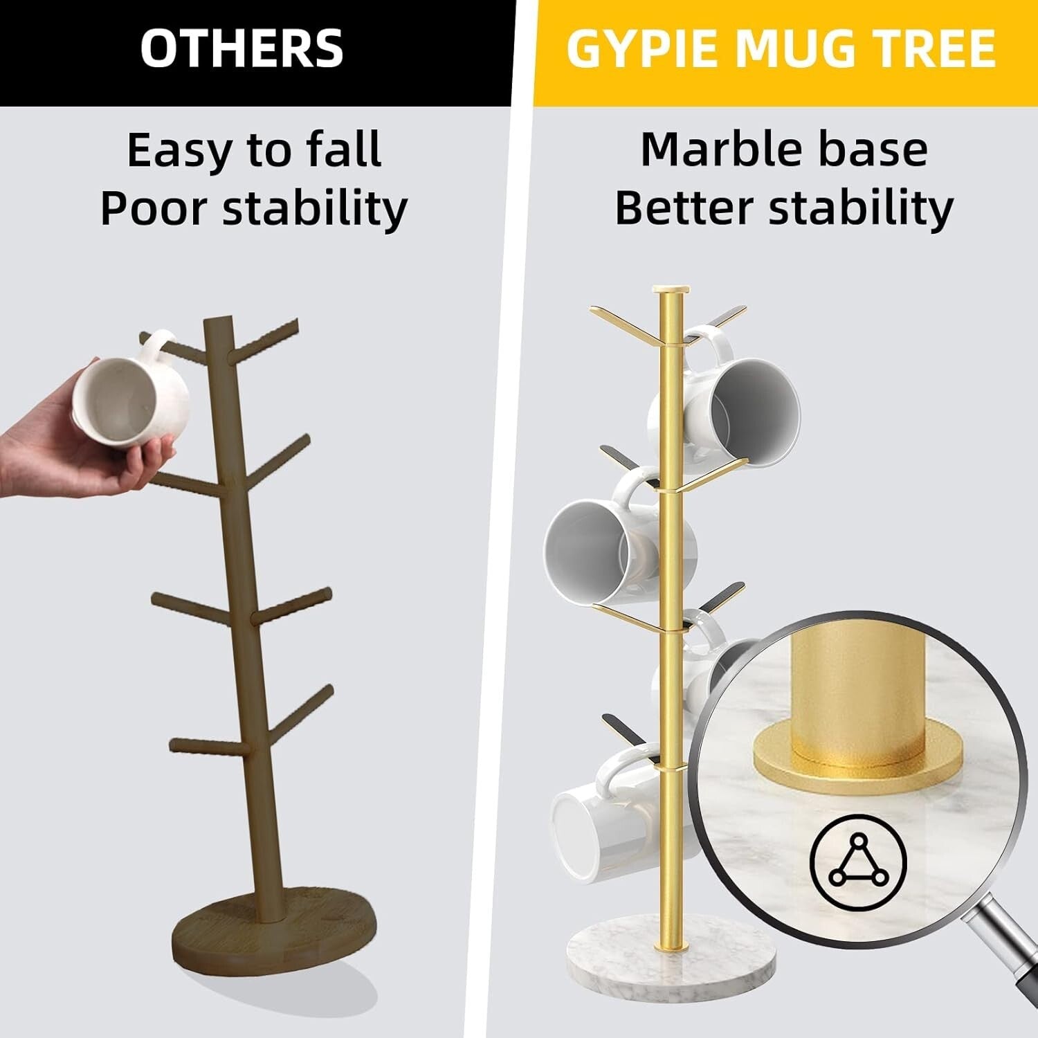 Elegant Gold Mug Holder Tree with Marble Base - 8 Hooks for Stylish Kitchens