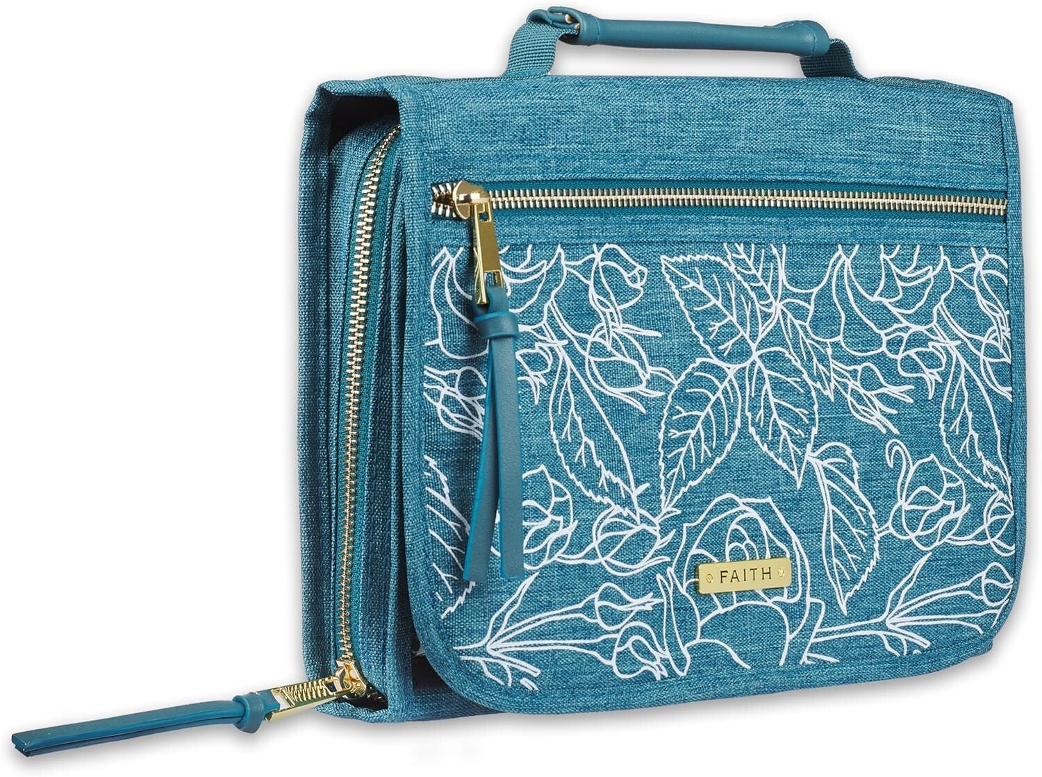 Medium Size Teal Canvas Bible Cover with Zipper and Multi-Compartment Organizer