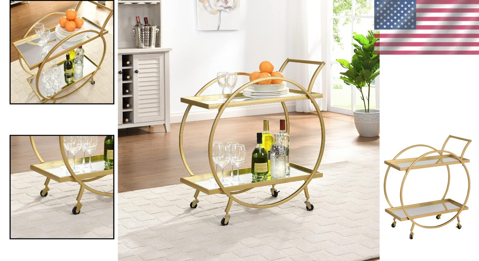 Sophisticated Gold Metal Bar Cart with Mirrors and Locking Wheels - 28 inches