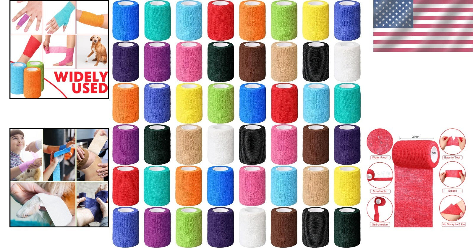48 Pack Self-Adhesive Sports Bandage Wraps - 3” x 5 Yards, Breathable & Elastic