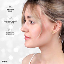 Load image into Gallery viewer, High-Polished 14K Gold Ball Stud Earrings - Classic 3-Pair Set for Style