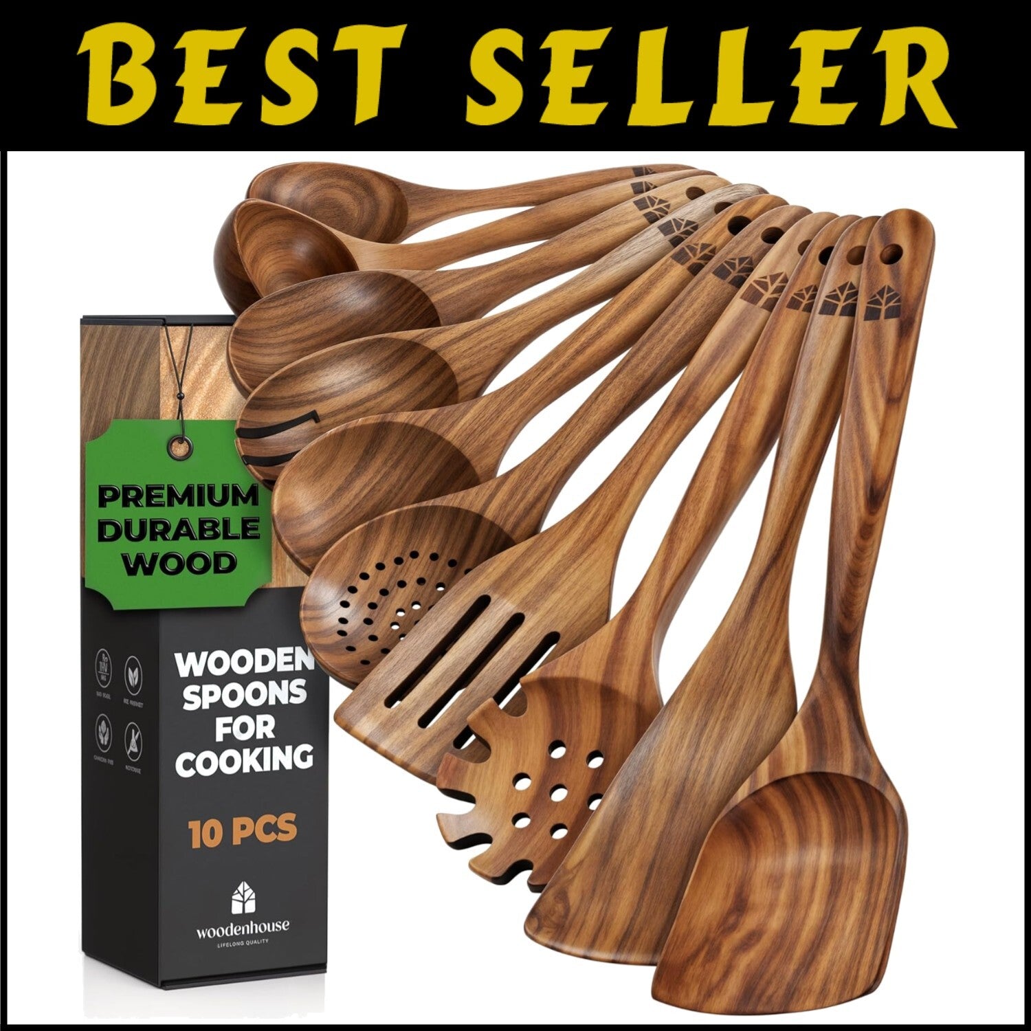 Elegant 10-Piece Wooden Cooking Utensils Set in Teak - Lightweight & Sturdy