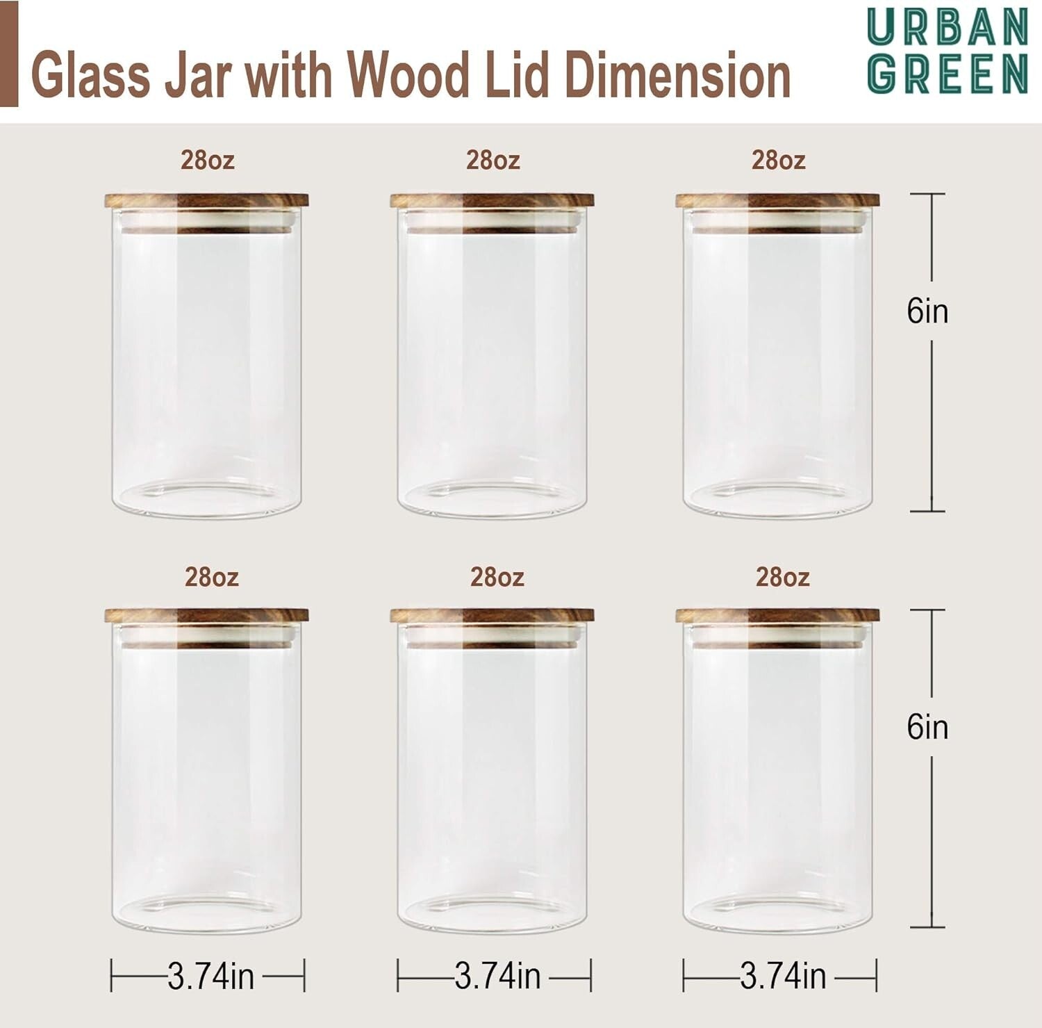 Eco-Friendly Airtight Glass Jars with Wooden Lids, Set of 6 for Kitchen Storage