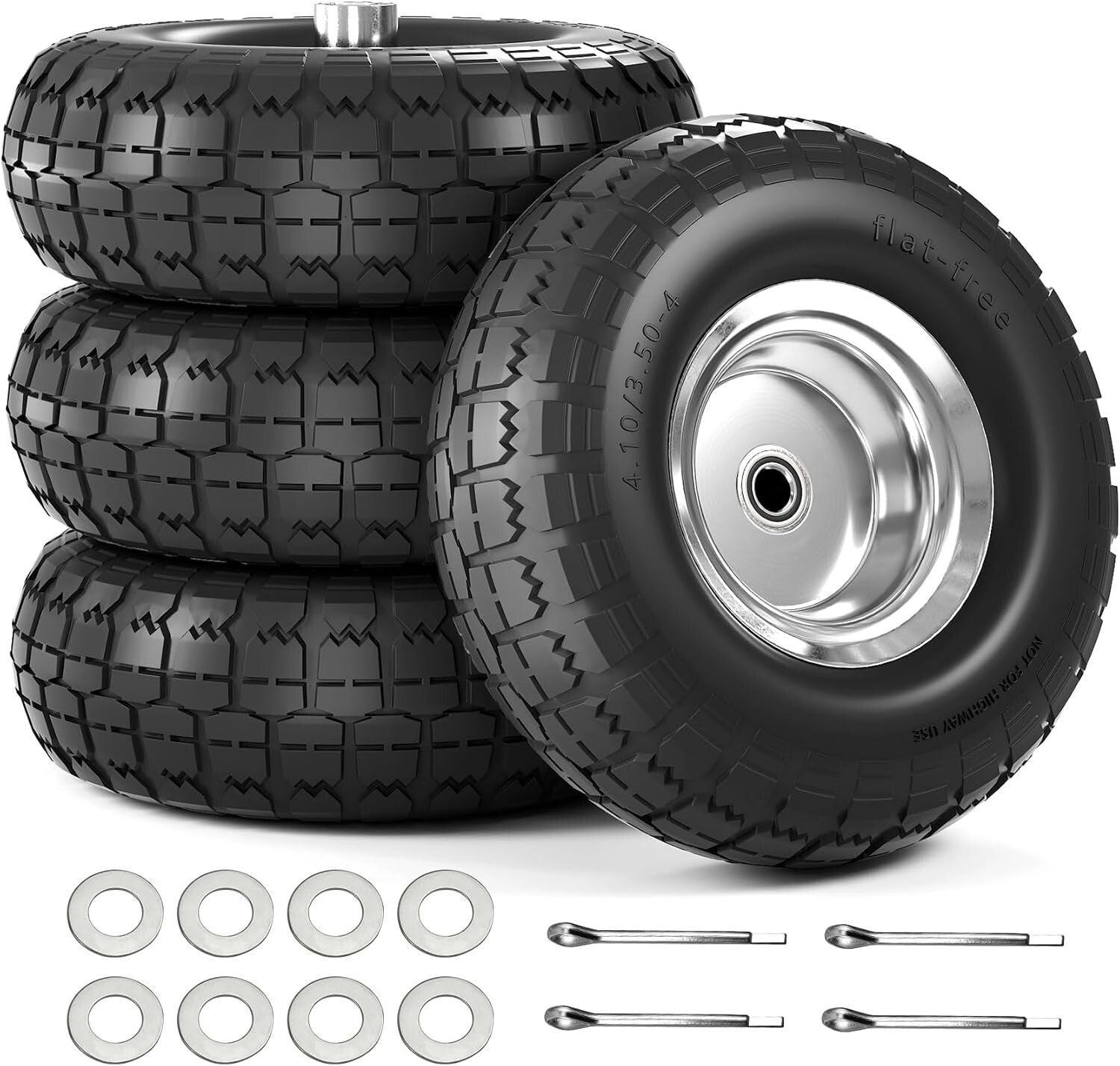 Durable 10 Inch Flat Free Tires for Hand Trucks - 4 Pack with Double Bearings