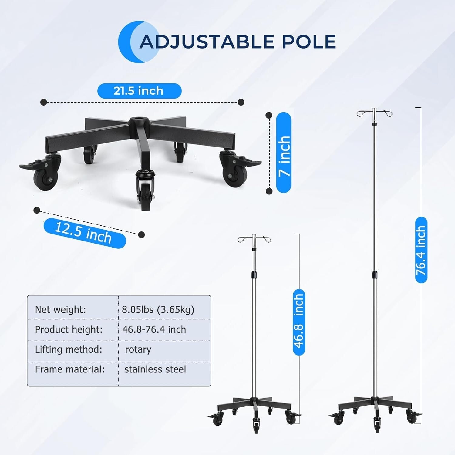 Portable Stainless Steel IV Pole - 2 Hooks, Adjustable Height & Wheels