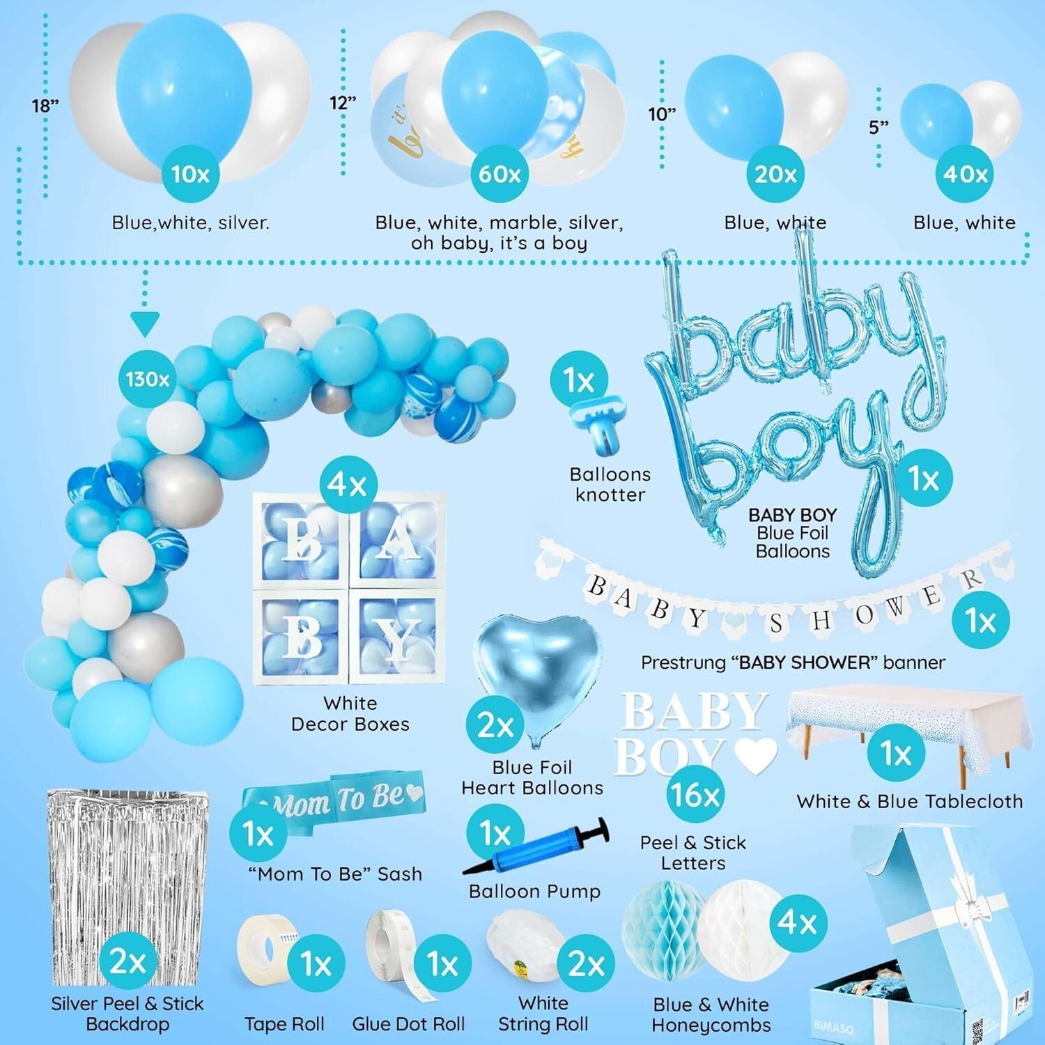 Complete Baby Boy Shower Decoration Kit - Balloon Arch, Centerpieces & More