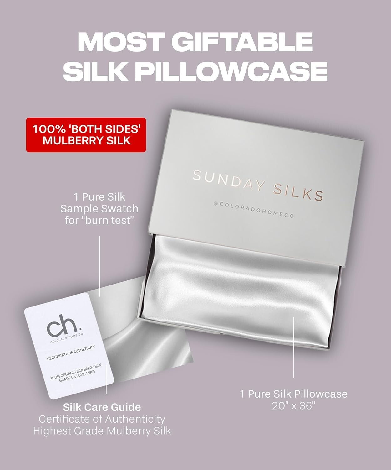 Luxury 100% Silk Pillowcase 20" x 36" for Hair & Skin Health - Gift-Ready Box