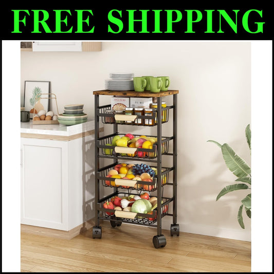 Rolling Vegetable Storage Cart with Wooden Top - 4 Tier Organization for Kitchen