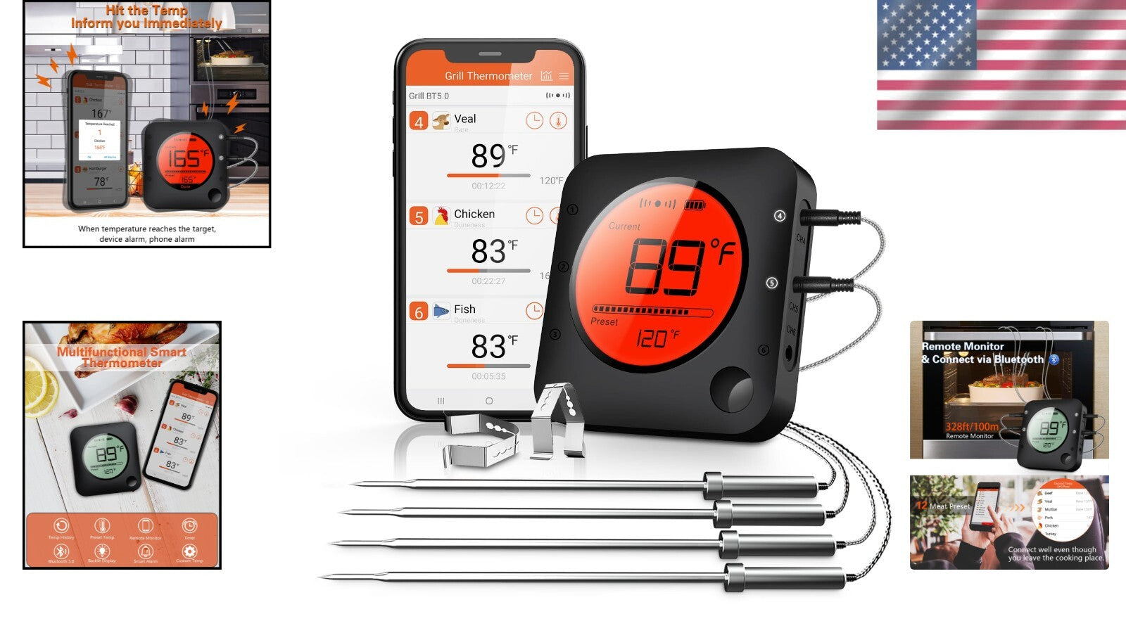 Professional Bluetooth Thermometer for Grilling with 4 Stainless Probes & Alarms
