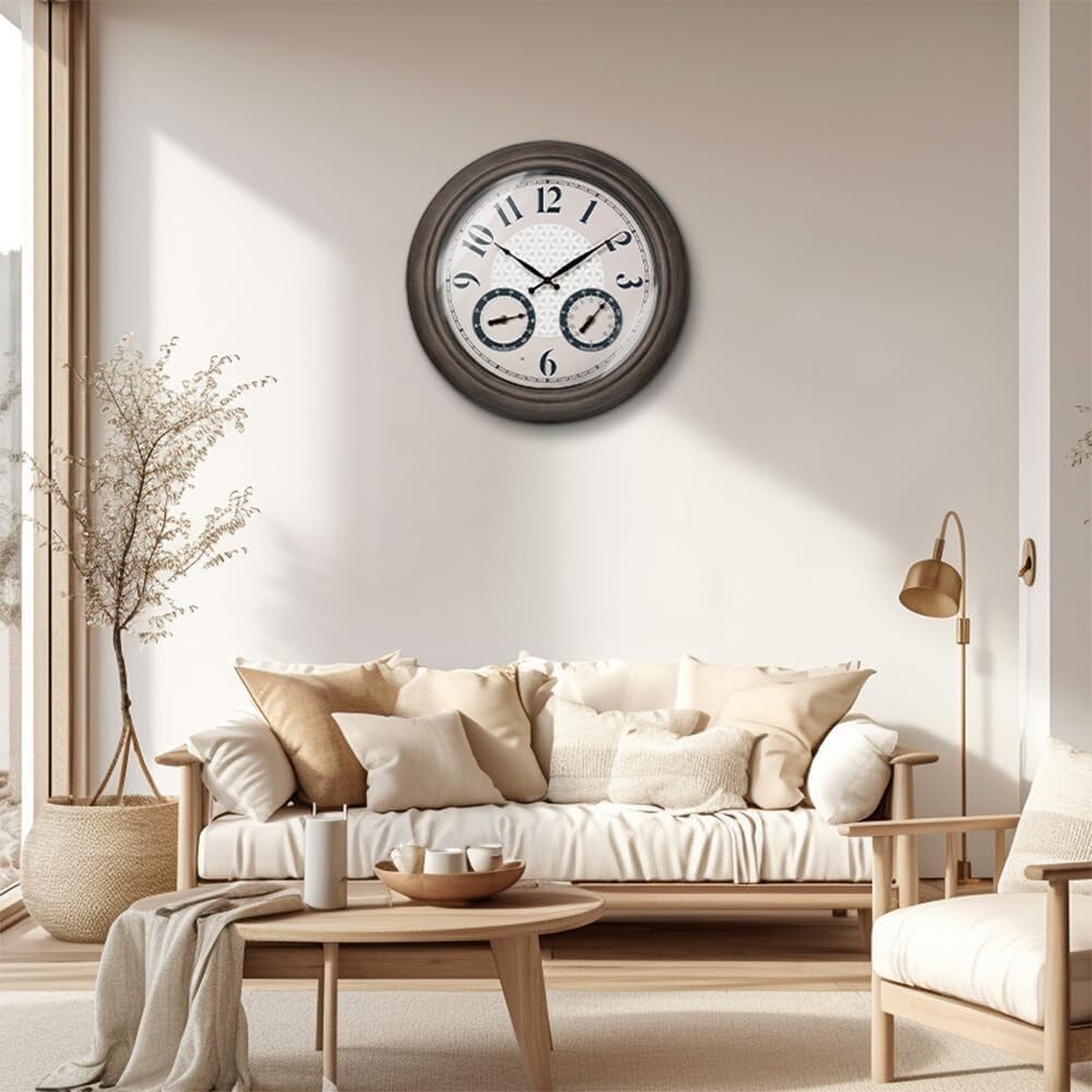 Elegant 18 Inch Illuminated Outdoor Clock with Thermometer - Grey Oak Finish