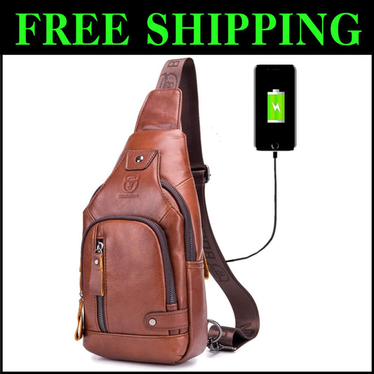 Compact Chest Bag for Men - Genuine Leather with USB Charging & Multi-Pockets