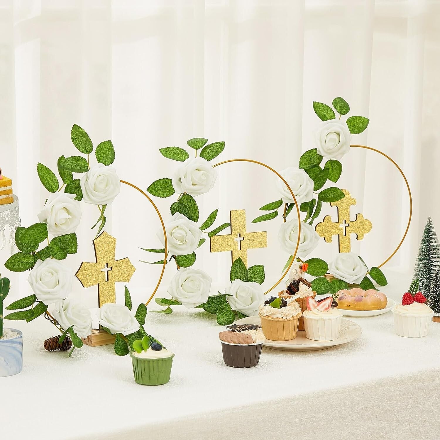 48 Pcs Gold & White Baptism Centerpieces: Wood Crosses, Floral Hoops & Roses