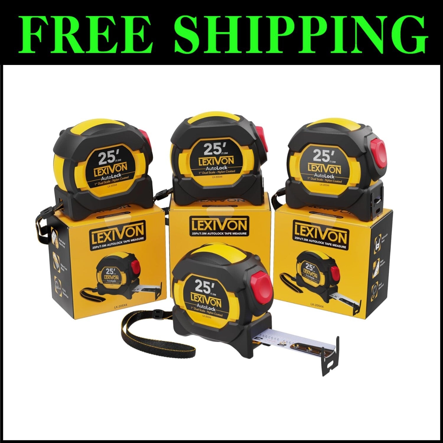 Durable Heavy Duty 25Ft AutoLock Measuring Tape - Set of 4 with Easy Read Scale