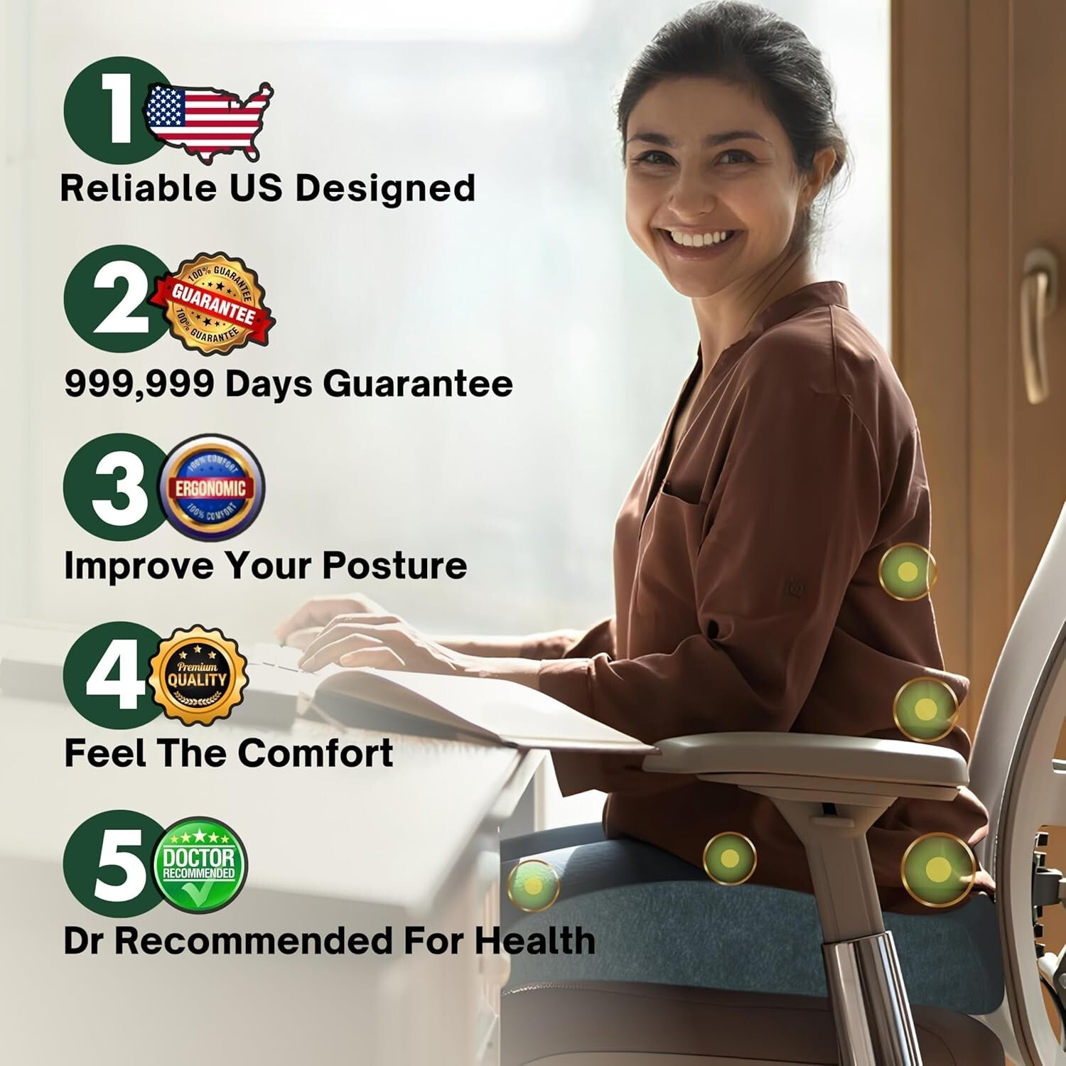 30% Larger Office Chair Cushion - Portable Memory Foam for Pain Relief & Comfort