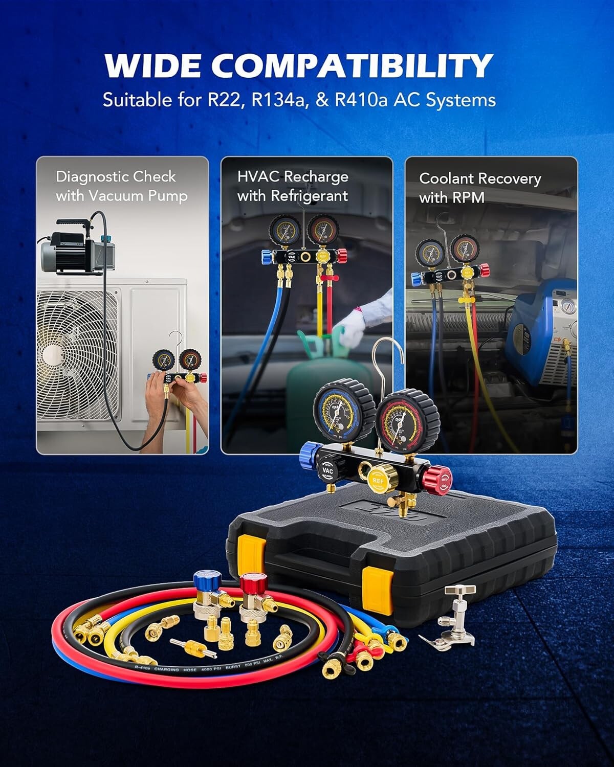 Professional AC Gauge Set: Color-Coded Hoses, Quick Couplers, Moisture Indicator