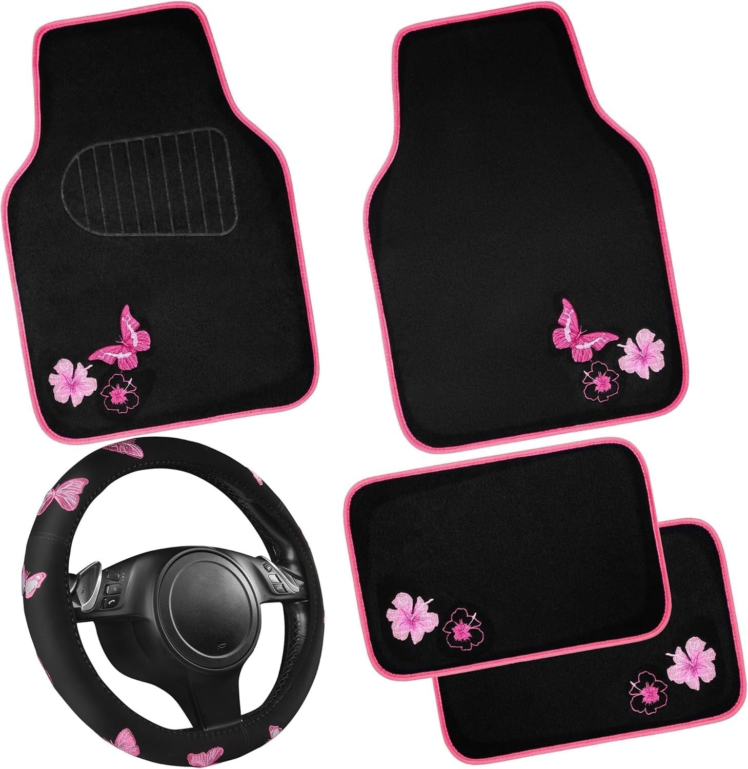 Elegant Pink Car Mats & Exercising Steering Wheel Cover with Butterfly Design