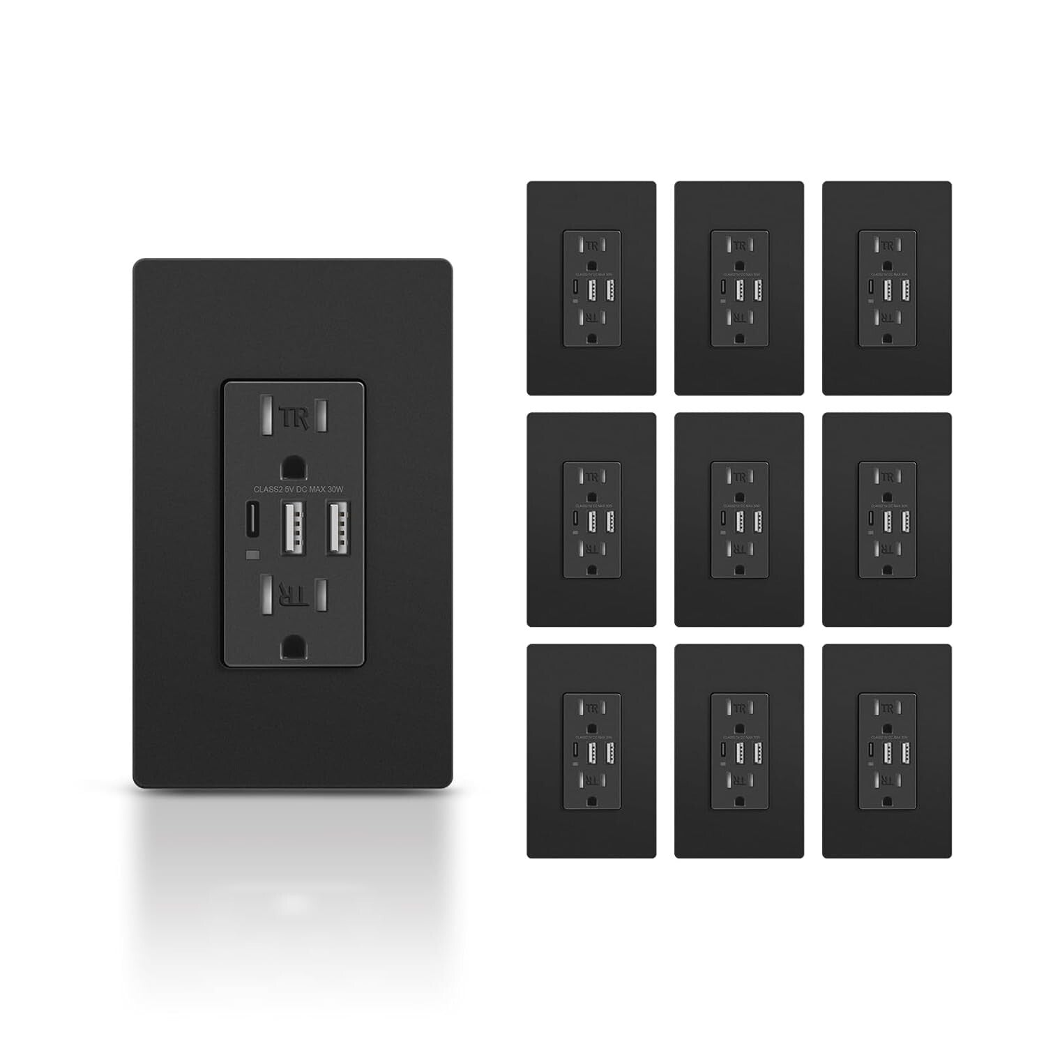 15 Amp USB Wall Outlets - 10 Pack with Screwless Black Wall Plates, UL Certified
