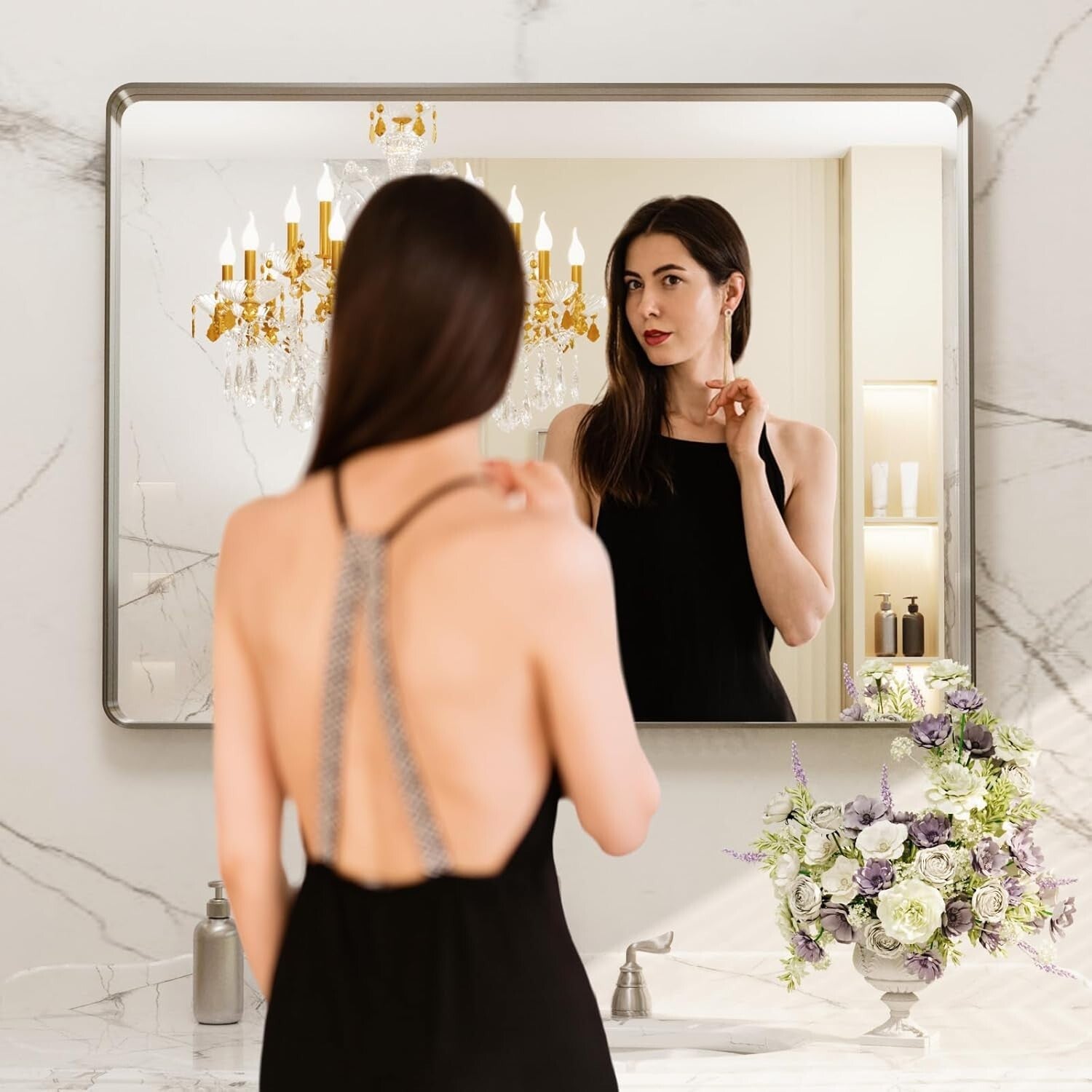 Modern 40"x30" Brushed Nickel Bathroom Mirror - Easy Install & Secure Mounting