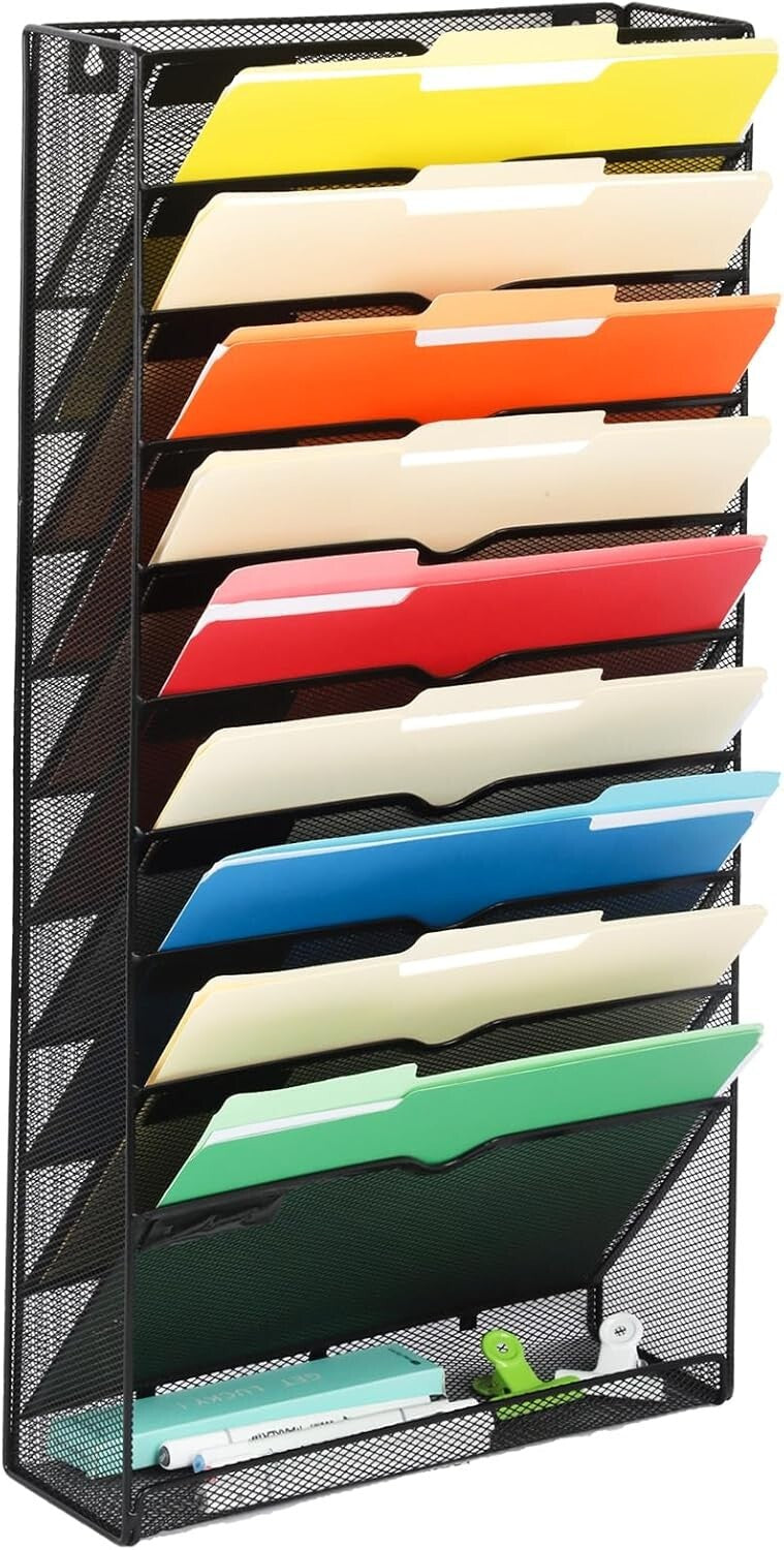 10-Tier Wall File Organizer: Sleek Metal Hanging Rack for Home Office Style