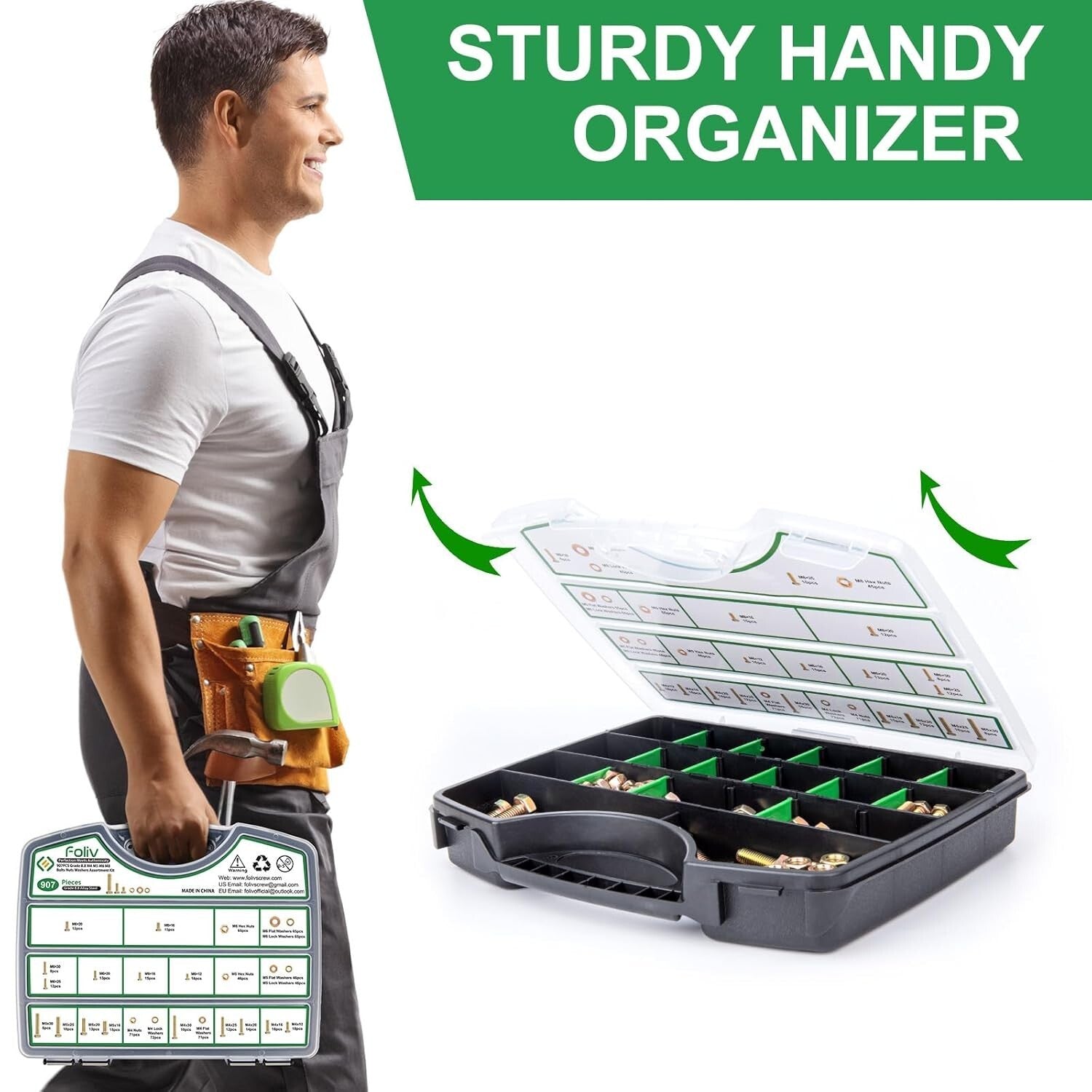 Durable Metric Bolt Assortment Kit - 907pcs of M4, M5, M6, M8 - Green Initiative