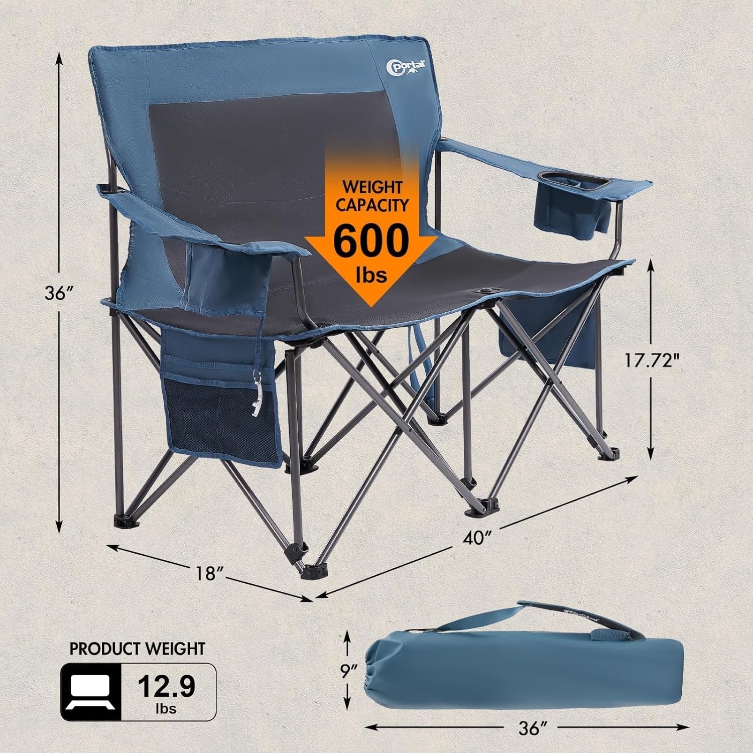 Ergonomic Two-Seater Camping Chair for Outdoor Adventures - 600lbs Support