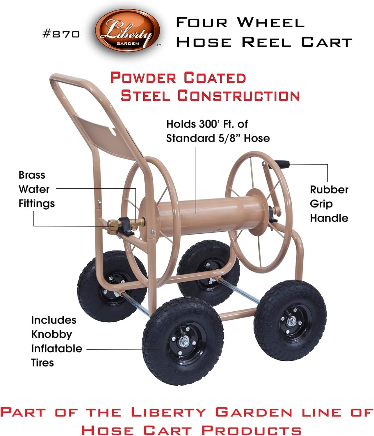 Durable Manual Hose Reel Cart - 300ft Capacity & Smooth Rolling Pneumatic Tires