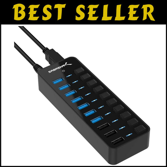 Advanced 10-Port USB 3.0 Hub - Features 3 Efficient Charging Ports & LED Status