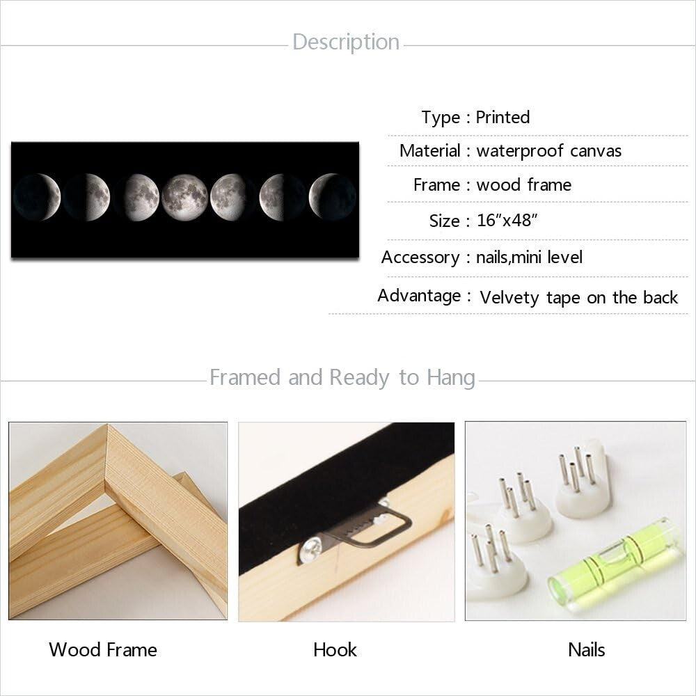 Sophisticated 20"x55" Moon Phases Canvas Artwork - Waterproof & Fade-Resistant