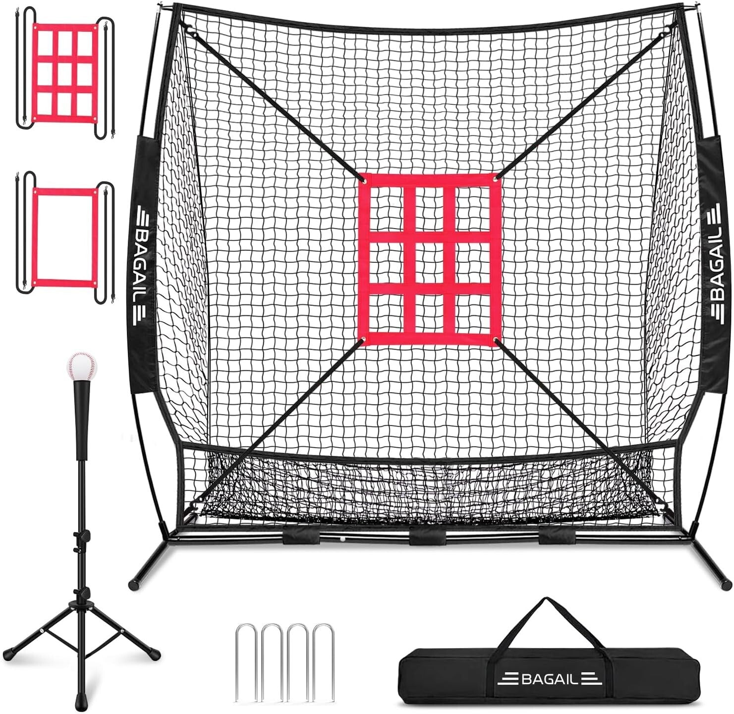 Durable 7x7 ft Bow Frame Net with Adjustable Tee & Strike Zones for Training