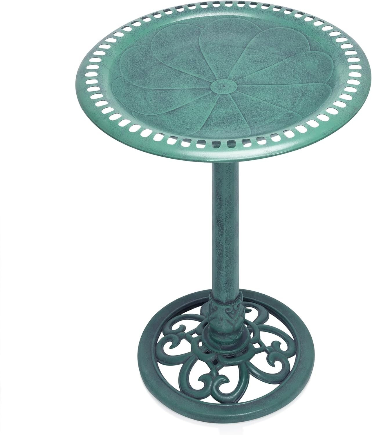 Elegant 28" Tall Outdoor Birdbath with Scrollwork - Aged Green Garden Accent