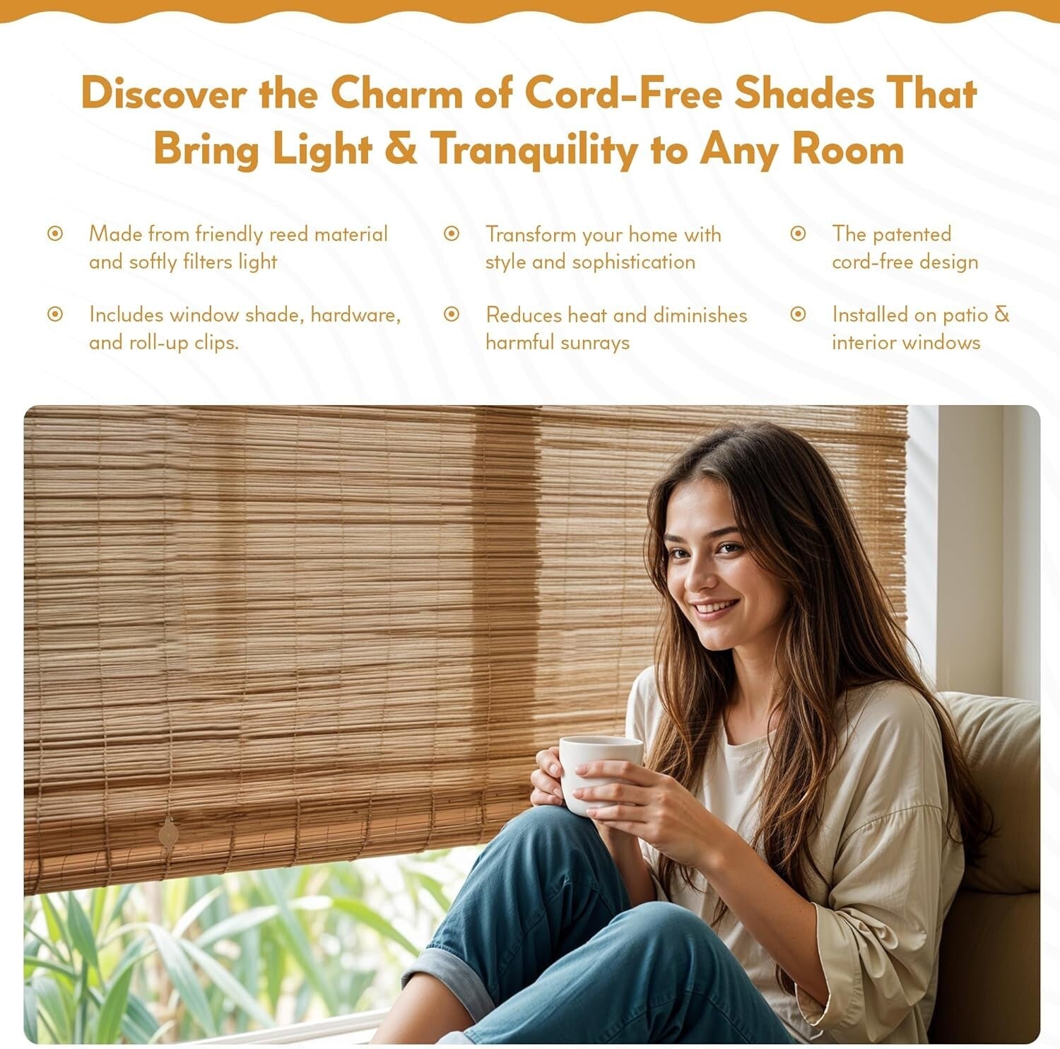 60" W x 72" L Cordless Bamboo Shades - Stylish Semi-Sheer Coverage for Patios