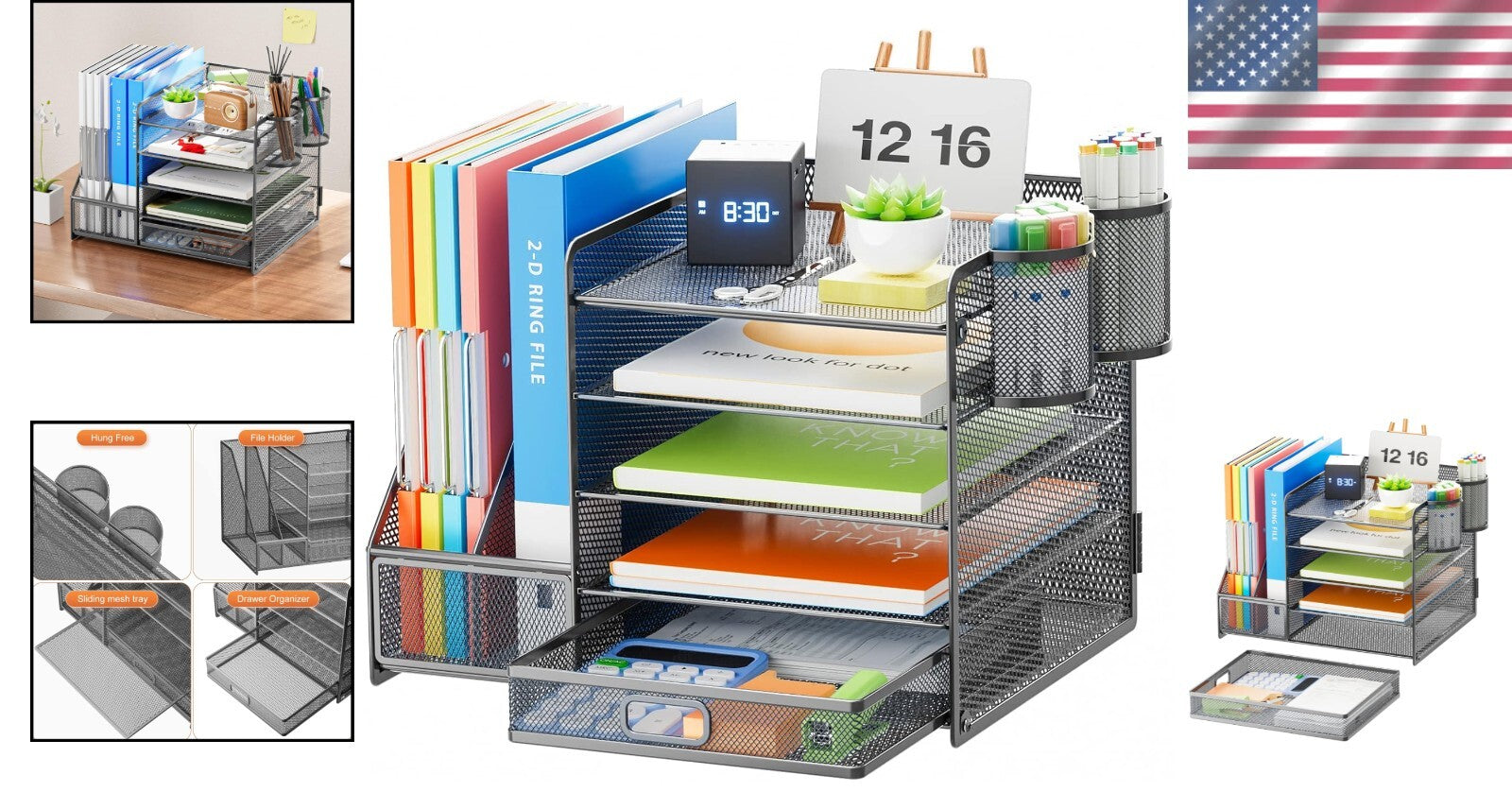 Modern Grey Paper Letter Tray Organizer with Sliding Trays and Drawer for Office