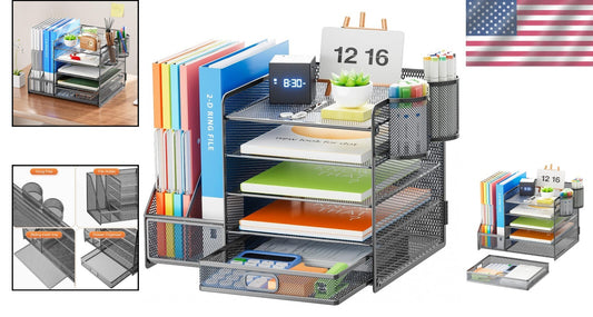 Modern Grey Paper Letter Tray Organizer with Sliding Trays and Drawer for Office