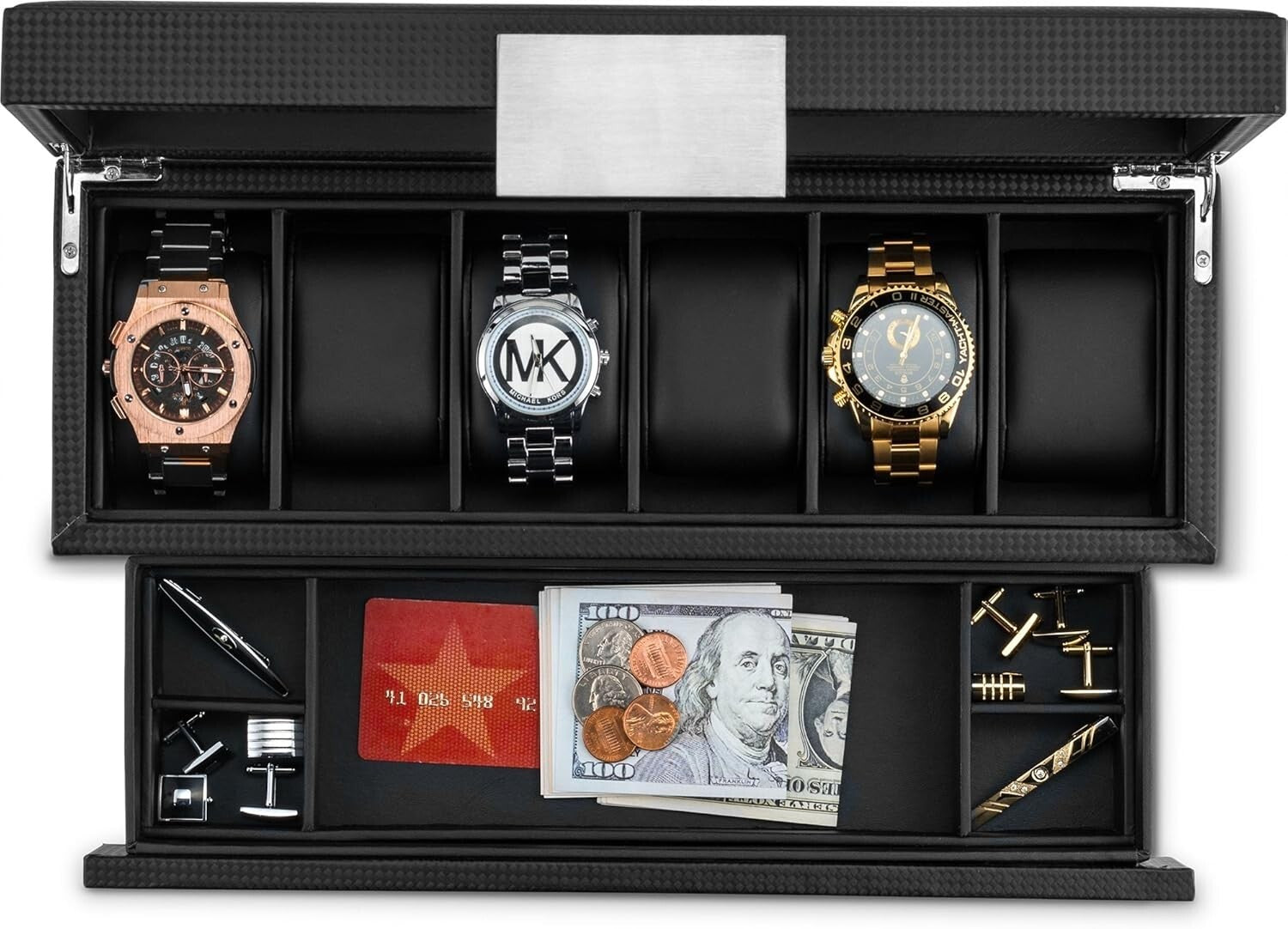 Stunning 6 Slot Men's Watch Organizer with Valet Drawer & Faux Leather Interior