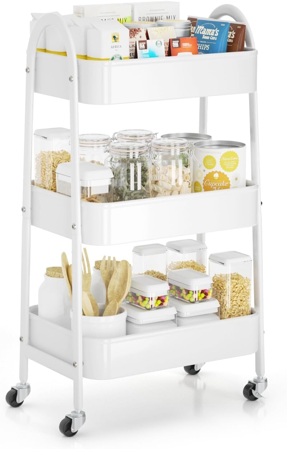 3 Tier Rolling Storage Cart - Lockable Wheels & Sturdy Metal Design in White