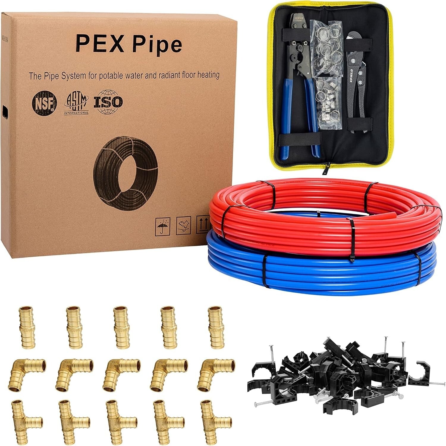 1/2 Inch PEX Plumbing Kit: 2 Rolls, Brass Fittings, Cutter & J-Clamps Included