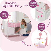 Load image into Gallery viewer, Heirloom Wooden Doll Bed with Storage &amp; Musical Mobile, Personalized Kit - 22in