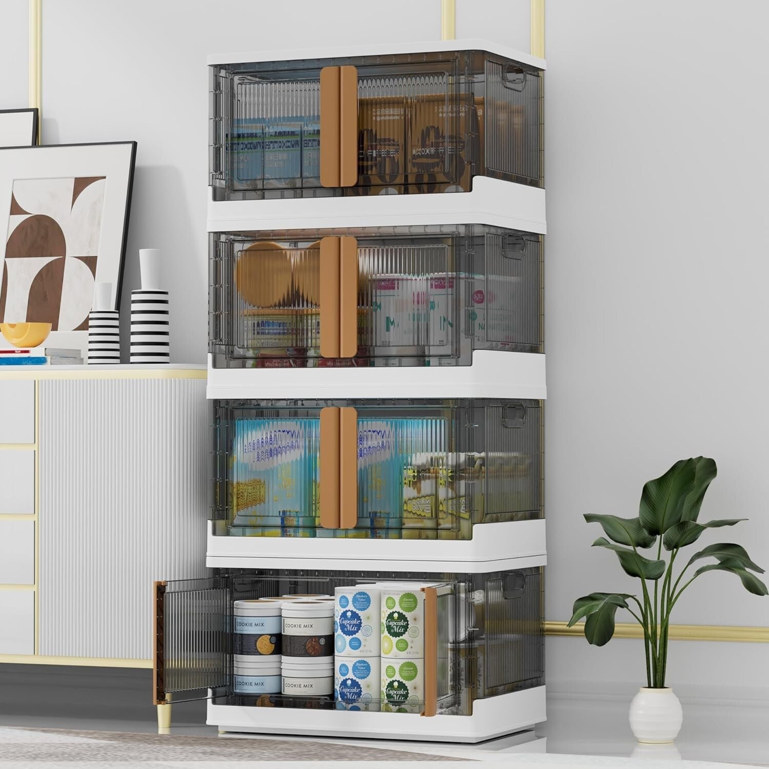 400Qt (4x100Qt) Stackable Plastic Storage Bins with Wheels for Easy Access