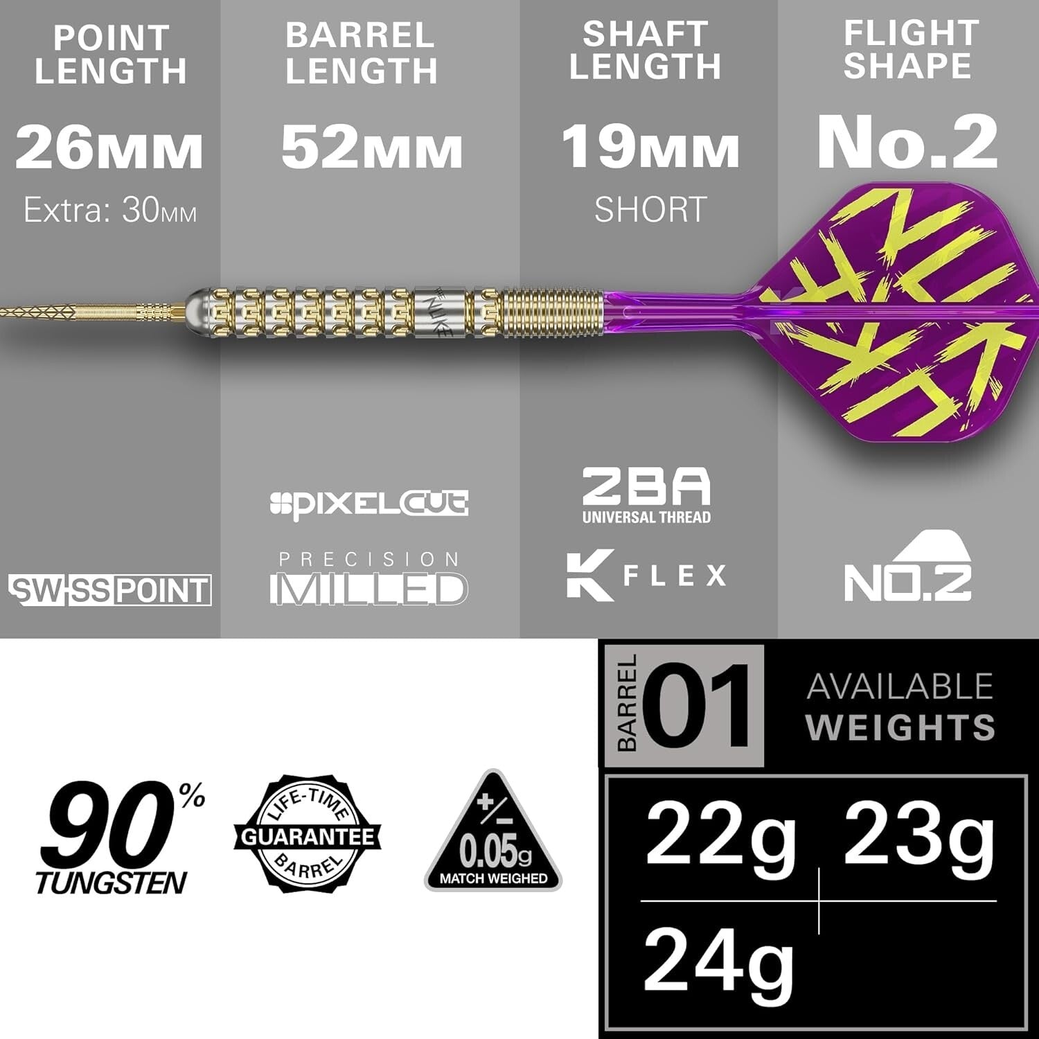 Precision 90% Tungsten Darts by Luke Littler - K-Flex Flights & Gold Swiss Tips