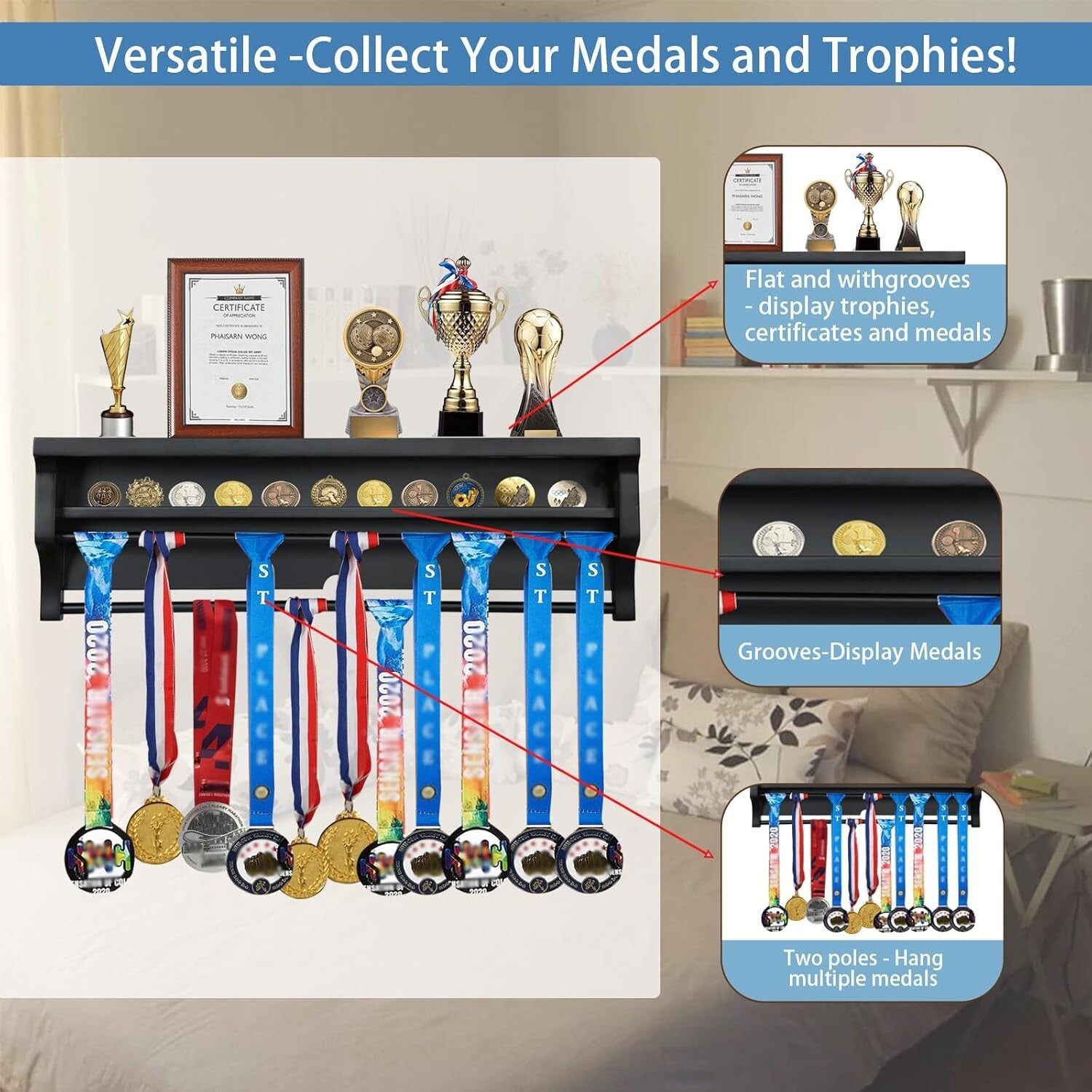 Elegant Solid Wood Wall Mount Medal Display Rack - Showcase Your Achievements