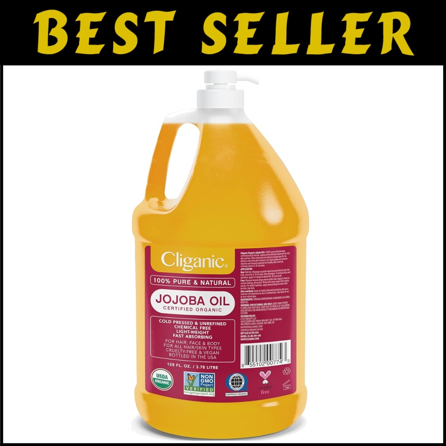 128oz Organic Jojoba Oil Pump Gallon - Hypoallergenic, Vegan Beauty Essential