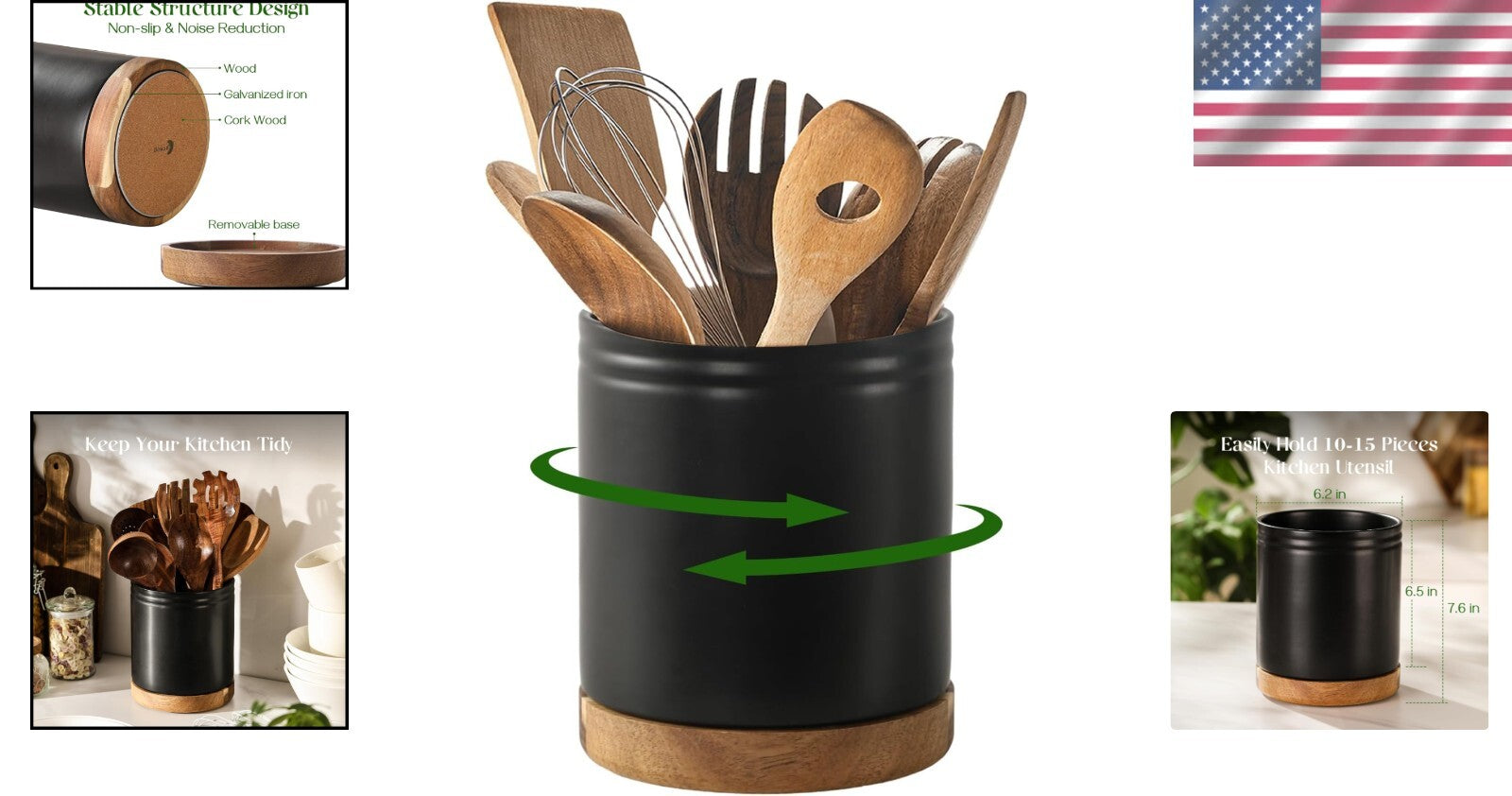 Extra Large Kitchen Utensil Holder - 7.6" Rotating Ceramic Crock in Black