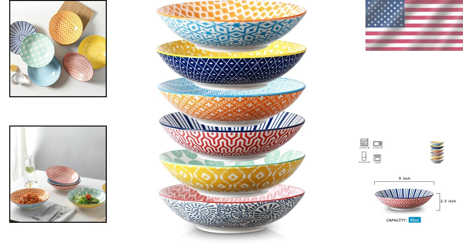 Durable Colorful 9-Inch Pasta & Salad Bowls - Set of 6, Oven & Microwave Safe